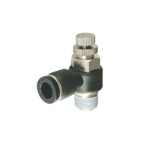 46.910 - Régulateur de débit adaptateur en coude autobloquant 6 mm à 1/8 (M) BSPT (multiple de 5)